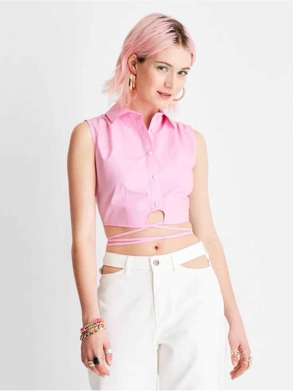 Sleeveless Light Pink Cropped Pearl Button-Up‎ Tie-Waist Top Size Large 90s Y2K